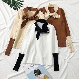Ribbon-neckline Colorblock Knit Top