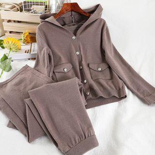 Set: Plain Hooded Cardigan + Wide-leg Pants