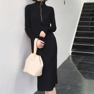Mock-neck Half Zip Long-sleeve Knit Dress
