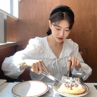 Long-sleeve Tie Neck Plain Blouse White - One Size