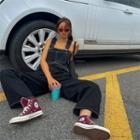 Stitched Wide-leg Overall Jeans Black - One Size