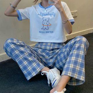 Bear Print Short-sleeve T-shirt / Plaid Wide Leg Pants