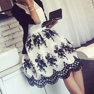Floral Embroidered Lace Trim Midi Skirt