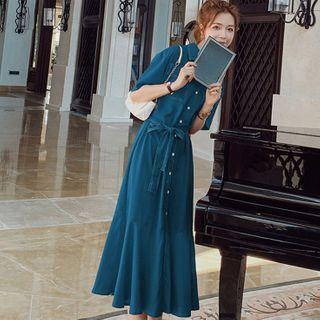 Pocket Detail Short-sleeve Midi Shirtdress