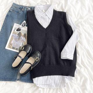 V-neck Plain Knit Vest / Long Long Striped Shirt