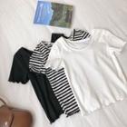 Plain Roll Up Slim-fit Short-sleeve Top