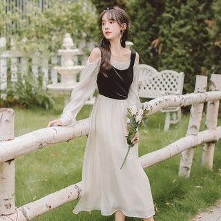 Mock Two-piece Cold-shoulder A-line Midi Dress