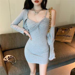 Plain Cardigan / Spaghetti Strap Mini Dress
