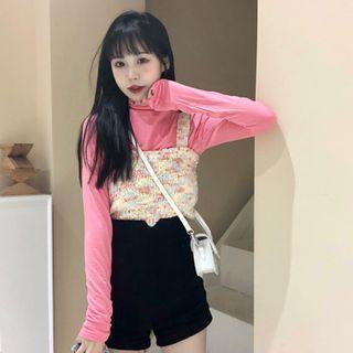 Turtle Neck Long-sleeve Plain T-shirt / Melange Camisole