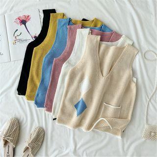 V-neck Argyle Print Knit Vest
