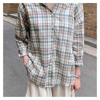 Drop-shoulder Plaid Shirt Green - One Size