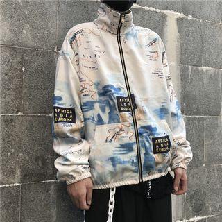 Stand Collar Print Corduroy Zip Jacket