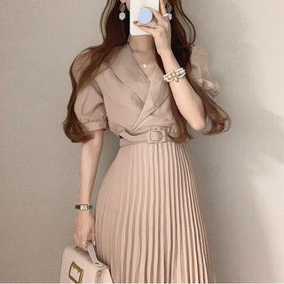 Plain Tie-waist Puff Short Sleeve Pleated Dress With Belt