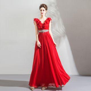 Sleeveless Ruffle-trim Rhinestone A-line Evening Gown