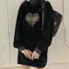 Heart Embroidered Velvet Sweatshirt Heart Embroidery - Black - One Size