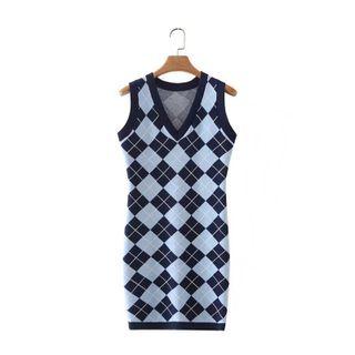 V-neck Argyle Knit Mini Sheath Overall Dress Plaid - Blue - One Size