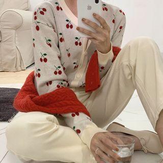 Cherry Print Knit Cardigan Almond - One Size