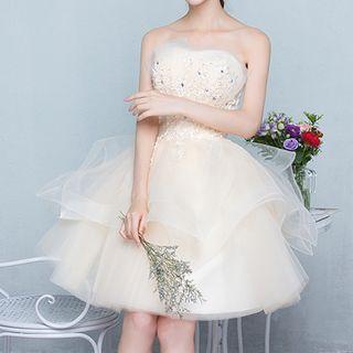 Strapless Mesh-layered Cocktail Dress