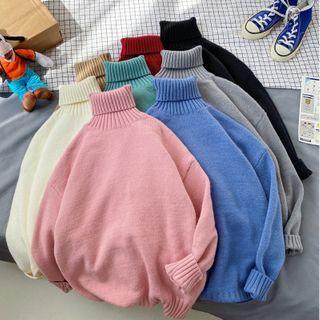 Turtleneck Loose-fit Plain Knit Top