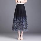 Floral Print Ombre Midi A-line Mesh Skirt Blue - One Size
