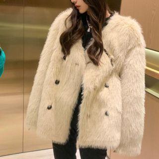 Double-breasted Fluffy Jacket Almond - One Size