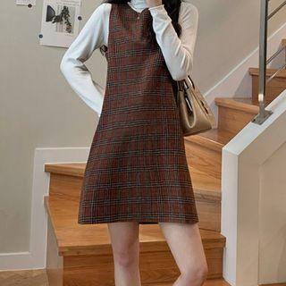 Long-sleeve T-shirt / Plaid Mini A-line Pinafore Dress