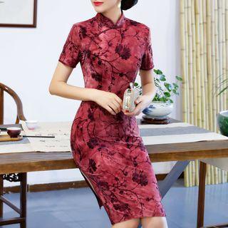 Short Sleeve Floral Embossed Velvet Qipao