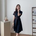 Half-placket Cuff-sleeve Dress With Sash