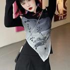 Long-sleeve Print Frog-button Top