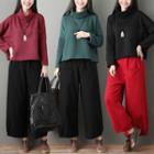 Set: Long-sleeve Turtleneck Top + Plaid Wide-leg Pants
