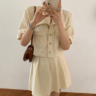 Set: Short-sleeve Cargo Crop Shirt + Mini A-line Skirt