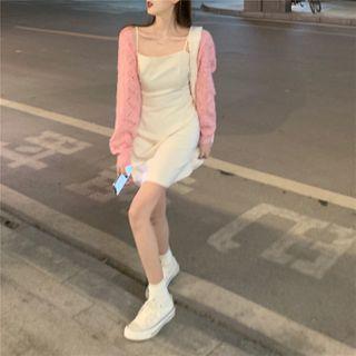 Cut-out Knit Cardigan + Plain Spaghetti Strap Mini Dress