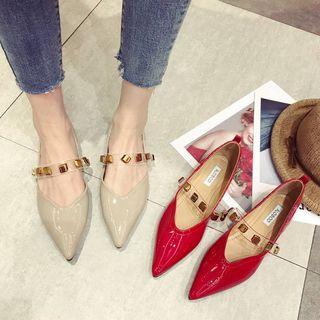 Studded Strap Pointed Patent Flats