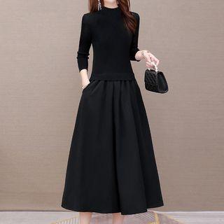 Long-sleeve Mock-neck Knit Panel Midi A-line Dress