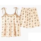 Loungewear Set : Bear Print Suspender Top & Shorts