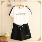 Set: Short-sleeve Letter T-shirt + Sweatshorts T-shirt - Black & White - One Size / Sweatshorts - Black - One Size