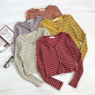 Color-block Striped V-neck Single-breasted Long-sleeve Top