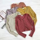 Color-block Striped V-neck Single-breasted Long-sleeve Top