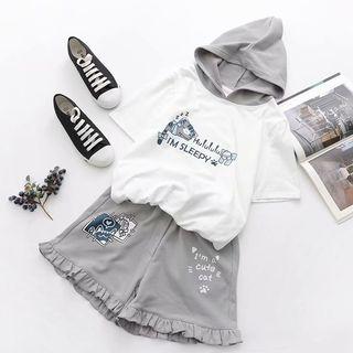 Cat Print Short-sleeve Hoodie / Shorts