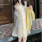 Long-sleeve Tiered A-line Dress / Cardigan