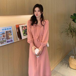 Long-sleeve Collared Tie-waist Knit Midi A-line Dress