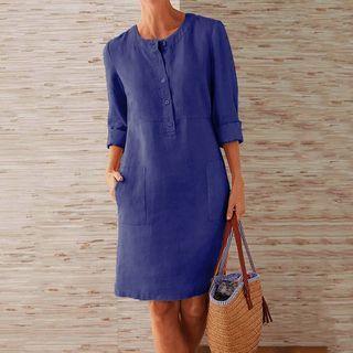 Long-sleeve A-line Henley Dress