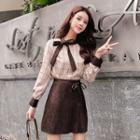 Set: Long-sleeve Contrast Trim Ribbon Top + A-line Mini Skorts