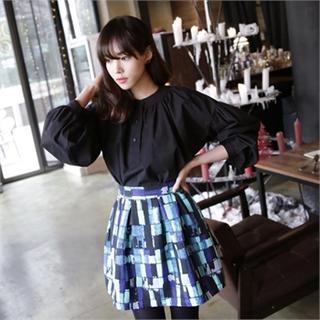 Mandarin-collar Balloon-sleeve Blouse