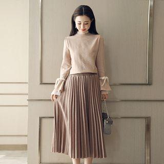 Set: Ruffle Trim Long-sleeve Top + Pleated Midi Skirt