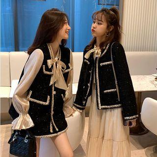 Mock Two-piece Long-sleeve Top / Mini A-line Skirt / Contrast Trim Tweed Jacket