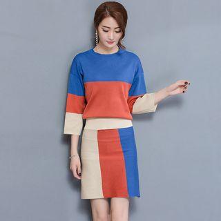 Set: Color Block Sweater + Knit Mini Skirt