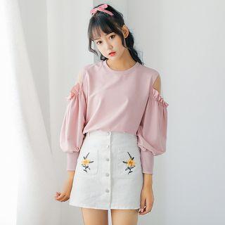 Floral Embroidered Denim Skirt / Cutout Shoulder Plain Pullover