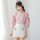 Floral Embroidered Denim Skirt / Cutout Shoulder Plain Pullover