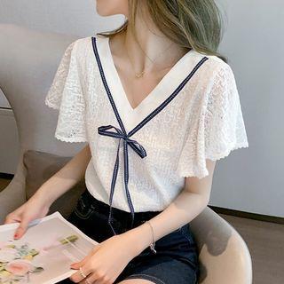 Short-sleeve V-neck Bow Panel Lace Chiffon Top